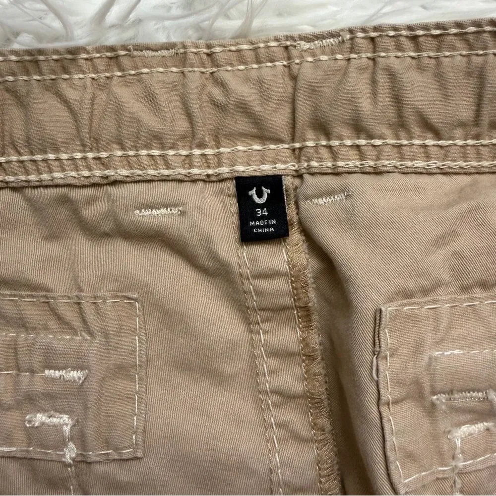 True Religion Big T Cargo Jogger Mens 34 Beige Khaki  Pockets Pants Drawstring